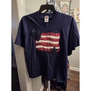 Vintage Navy Blue Tee Shirt With Quilted Distressed American Flag Size Large